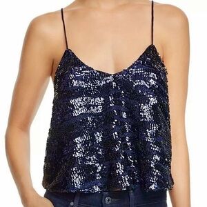 LUCY PARIS Navy Blue Wave Sequin Cross Back Strappy Dressy Tank Crop Top S $68